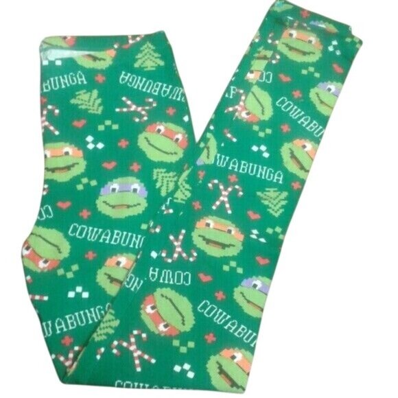 Teenage Mutant Ninja Turtles Size L Juniors Christmas Cowabunga Green Leggings - Picture 3 of 6